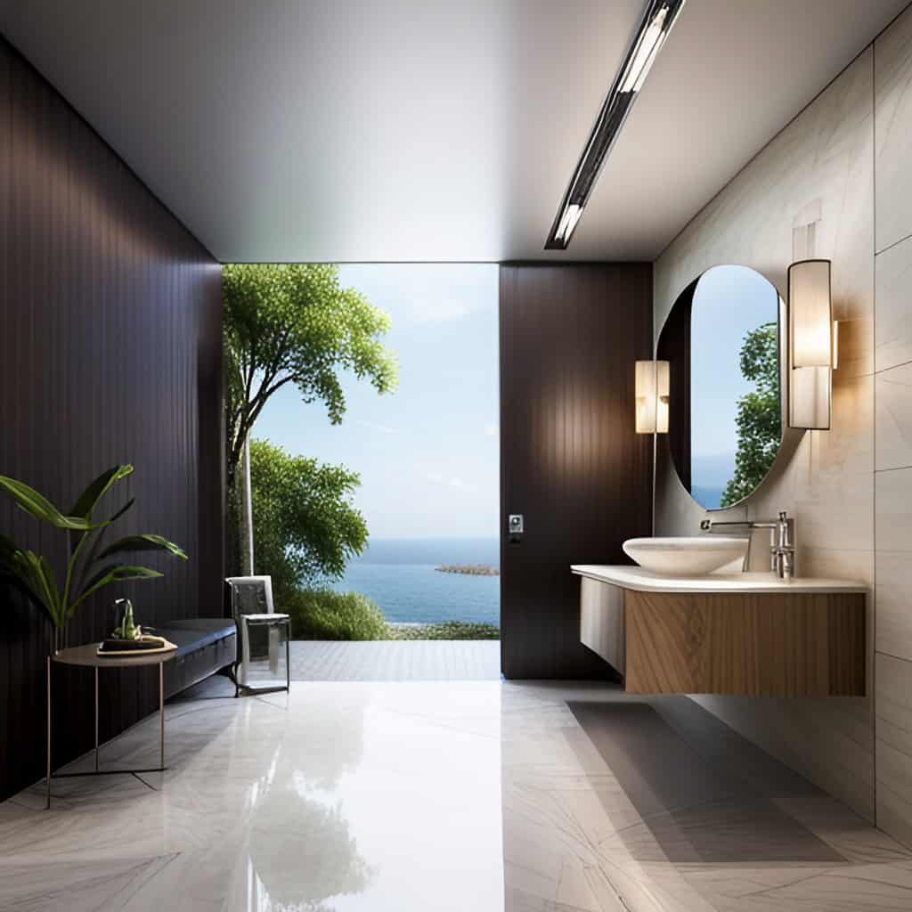 Bathroom with a open lake in background. 