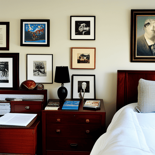 Display of Artwork on wall which is an excellent men's bedroom idea. 