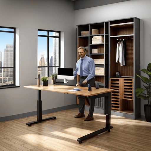Man using standing desk in front of closet