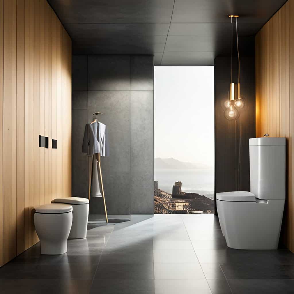 Wooden room with toilet that has view of beachfront. 