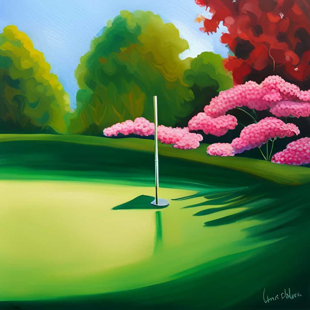 Painting of putt in the middle of green field. 