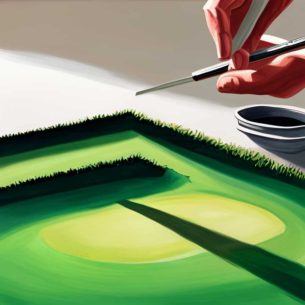 Painter realistically portraying a putting green corner. 