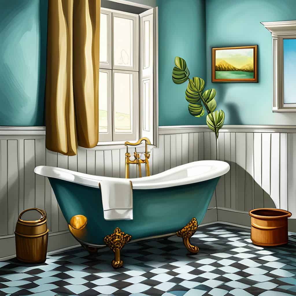 Bathroom with green bathtub and large windows. The medium is oil painting. 