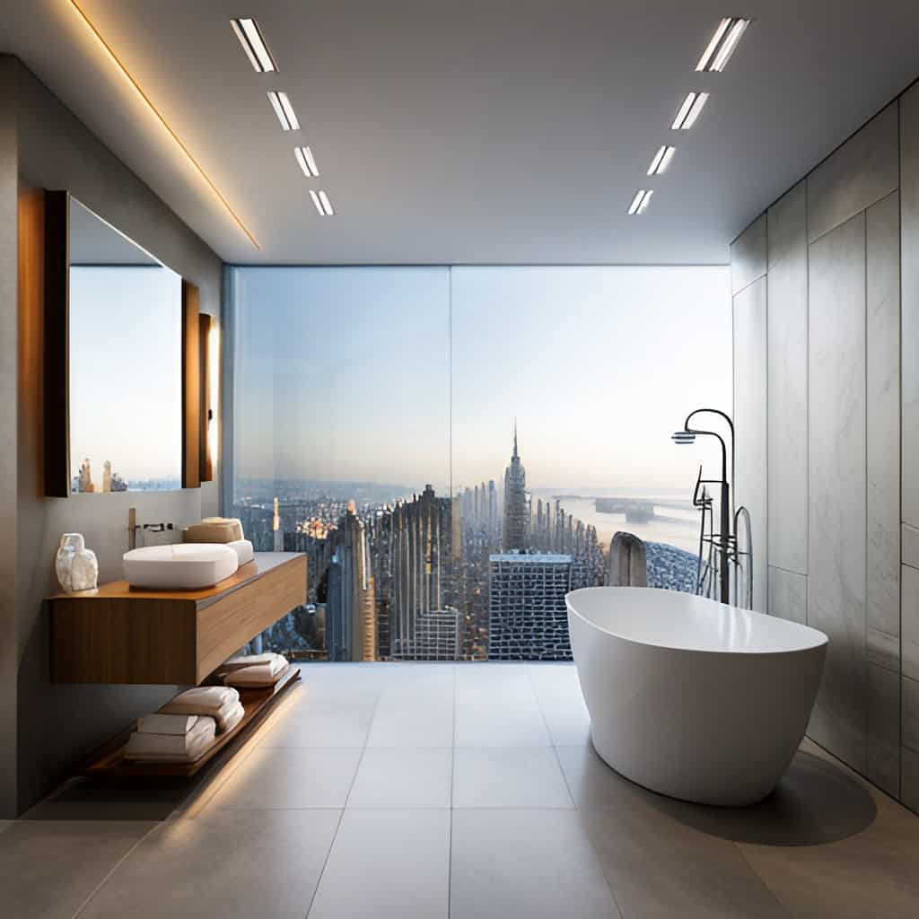 Bathroom with a bathtub, sink and vanity that has an overlook of a major city. 
