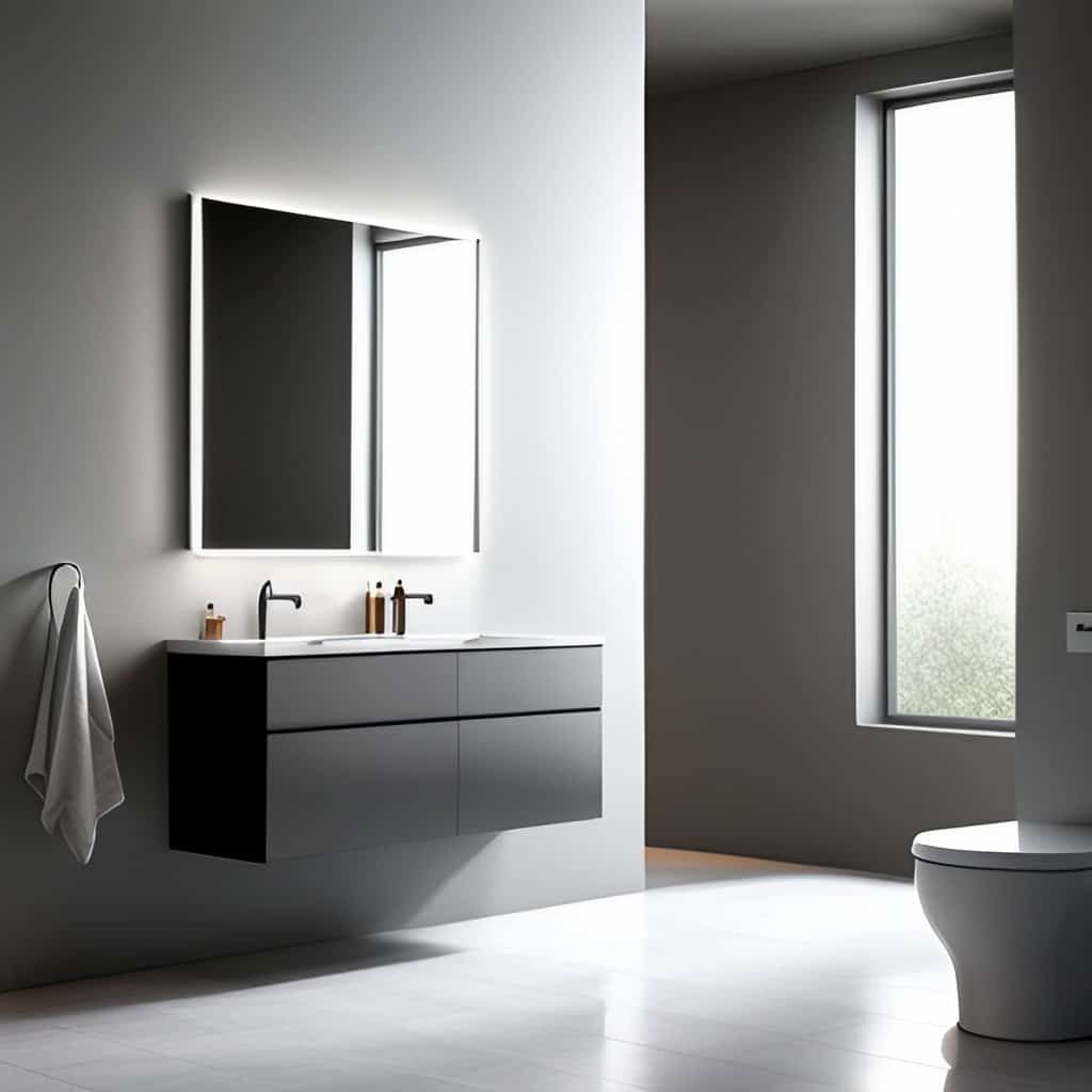 A modern-style bathroom that has built-in vanity lighting in mirror. 