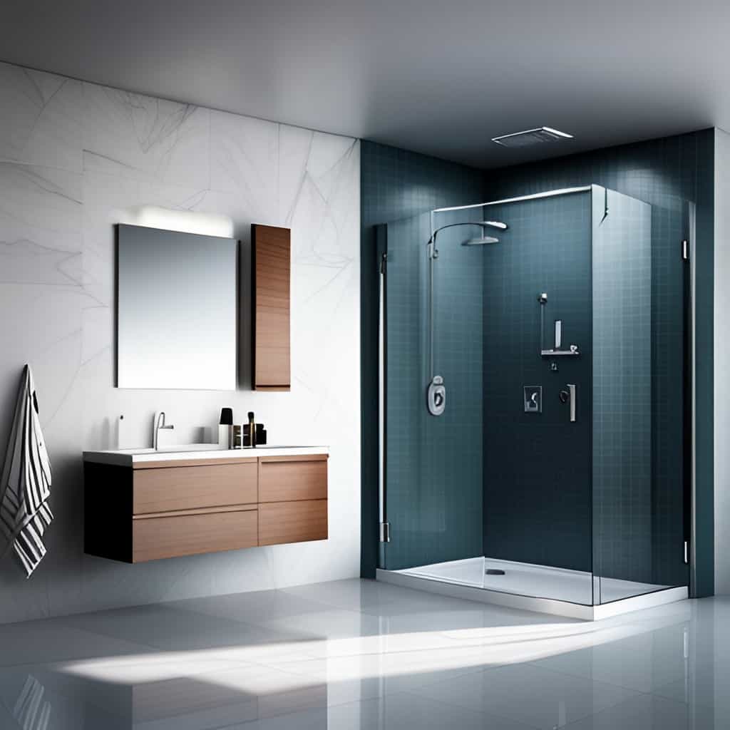 A stylish bathroom with shower lighting that follows bathroom lighting rules for optimal functionality and ambiance.
