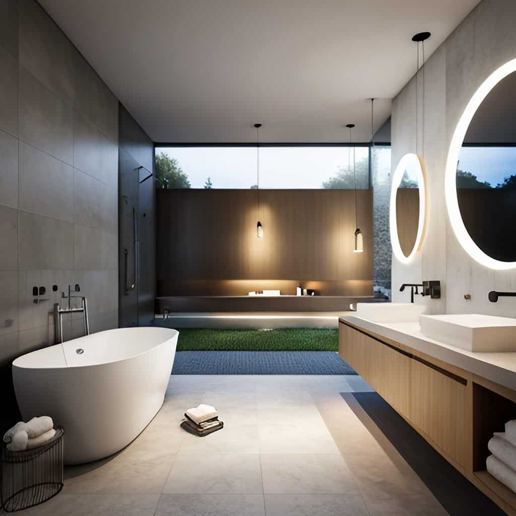 A bathroom with different lighting fixtures