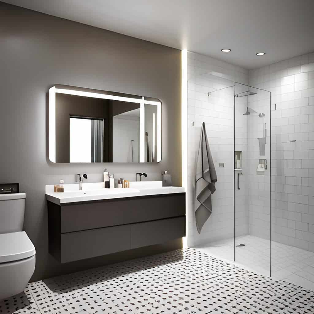 A bathroom with energy efficient lighting