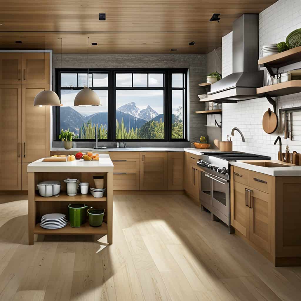 A kitchen with a familiar look and friendly tones with a magnificent view. 