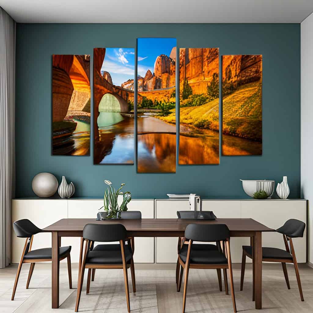 Extremely colorful artwork in dining room.