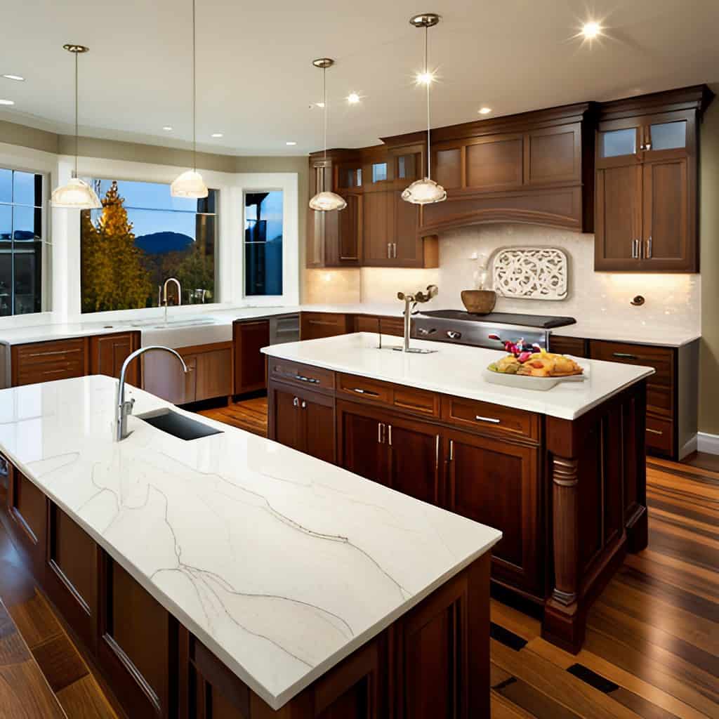 Kitchen with granite countertop.