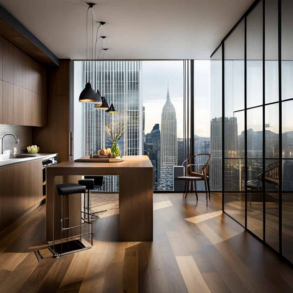 Kitchen with skyline view of major city