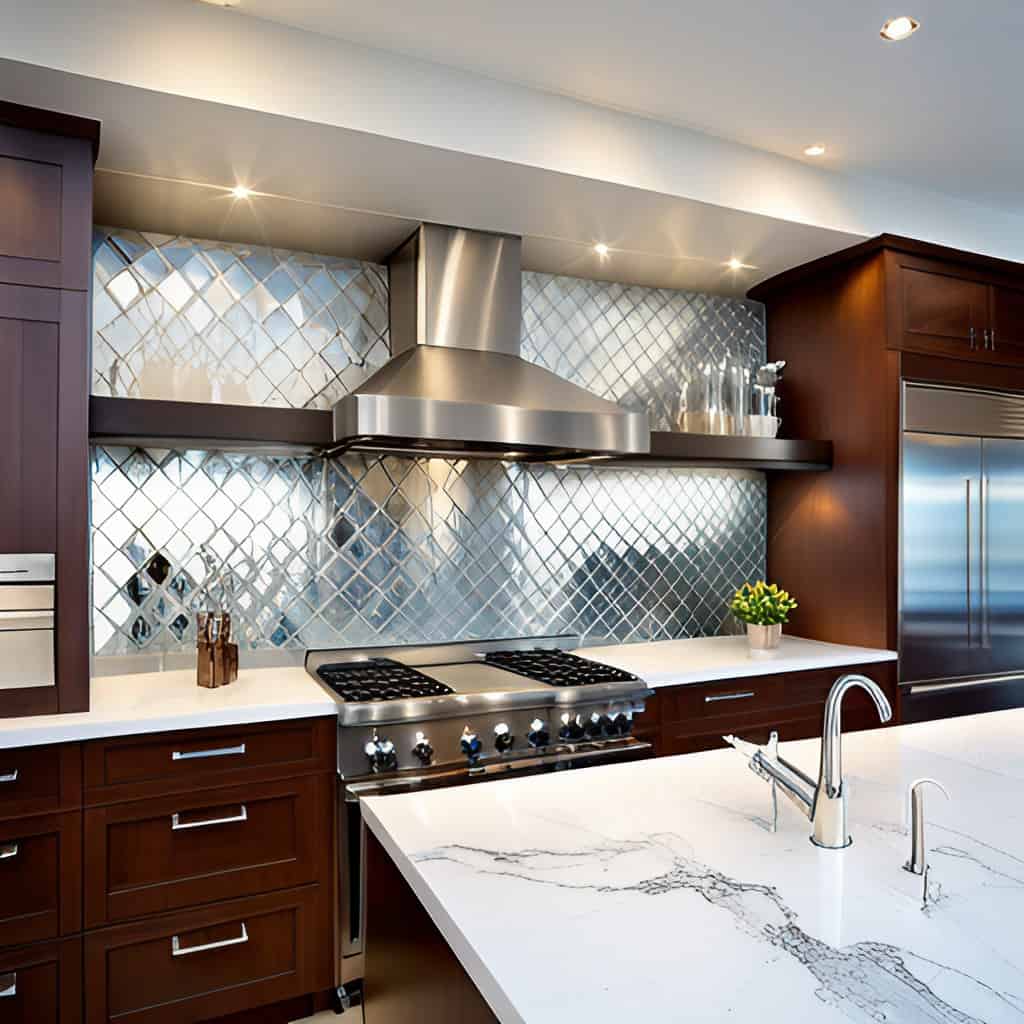 Kitchen with a mirrored backsplash. 