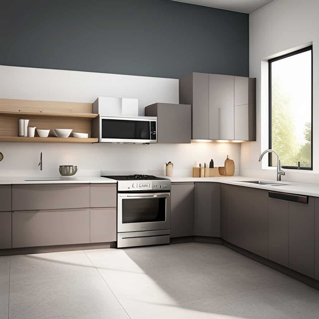 Modern silver dishwasher in a kitchen with gray undertones. 