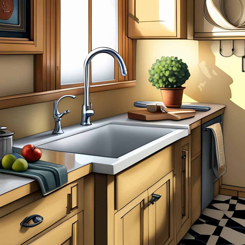 An artwork of a  kitchen with a familiar and friendly feel.  