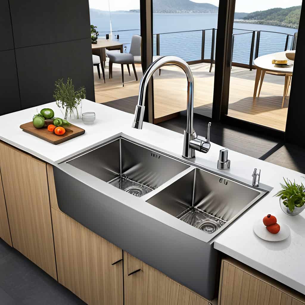 Pristine silver kitchen faucet with a double sink. The house has a beautiful patio with an overlook of an large body of water. 