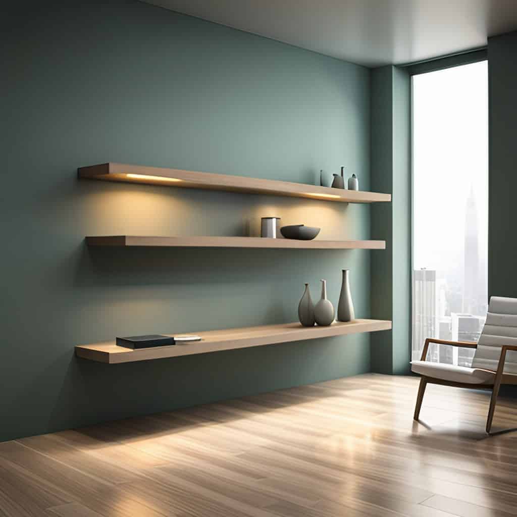 Living room with long floating shelves that end with an overlook of a major city through the window. 