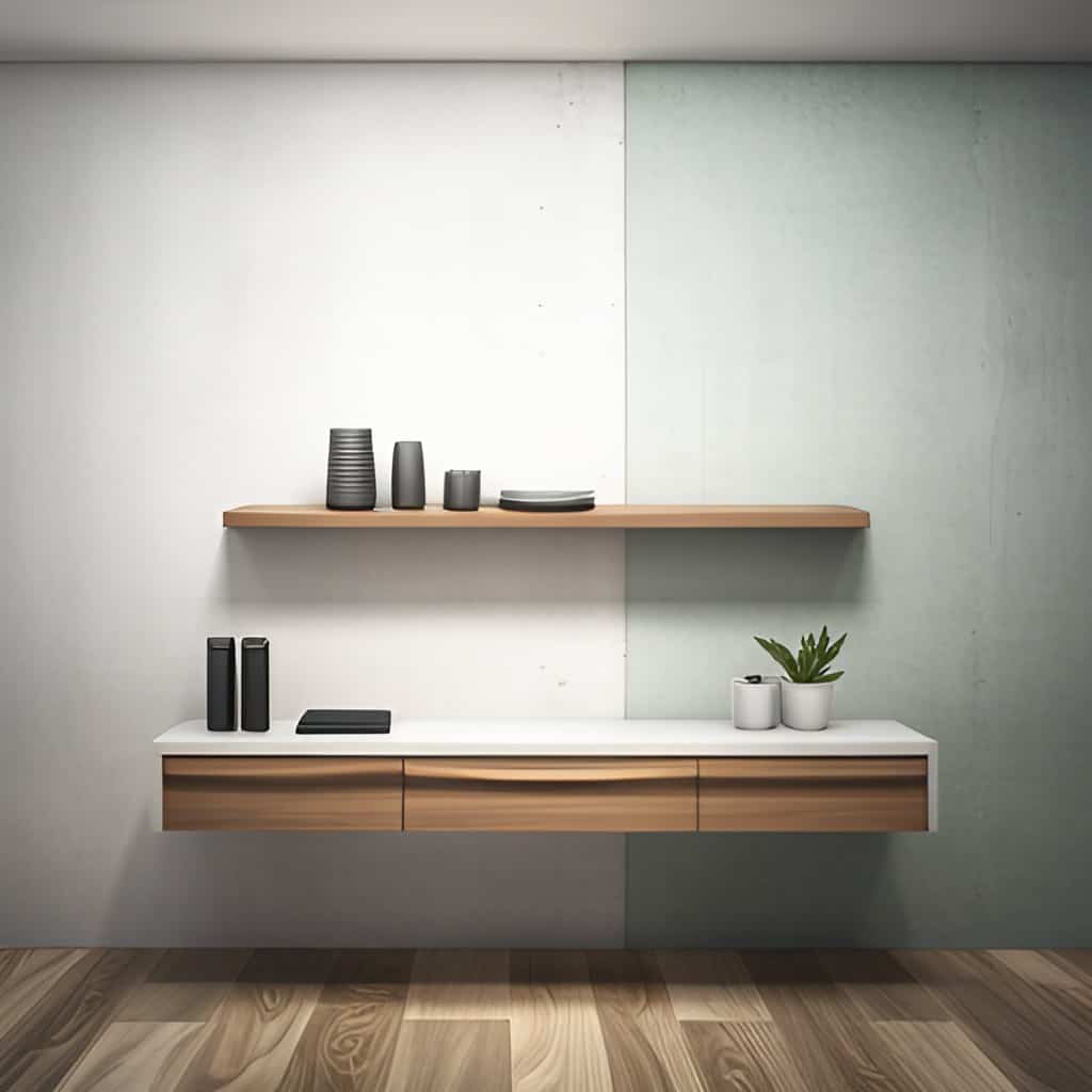 Floating Shelves in a room with two different color walls. 